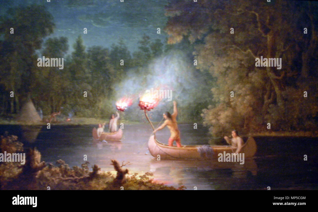 Fotocamere digitali Olympus Pesca da fiaccole. Menominees pesca subacquea di notte a lume di torcia e canoa sul fiume Fox 967 PaoloKane-Huntingpesce-ROM Foto Stock