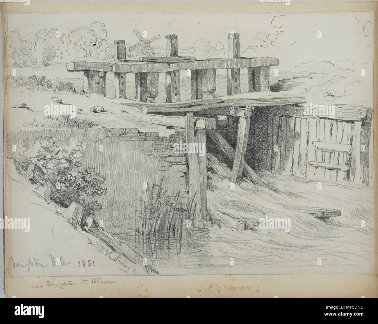 . Inglese: una paratoia sul fiume Rea a Vaughton il foro (ora Vaughton San), Highgate, Birmingham, Inghilterra. Matita su carta; 279 x 197mm inscr. bl.: Vaughton foro del 1831/ H H righe e sul monte: ora Vaughton St B'Ham adesione: BIRSA:2007X.490 dalle linee famiglia sketchbook, nella collezione del Royal Birmingham Society di artisti, Birmingham, Inghilterra. Vedere riscoprendo le linee Famiglia - catalogo della mostra - 2009. 1831. Henry Harris linee (1800-1889) Descrizione British artista dei paesaggi e archeologo Data di nascita e morte 1800 20 febbraio 1889 Luogo di nascita Birmingham Foto Stock