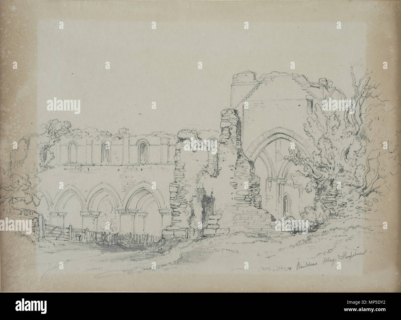 . Inglese: Buildwas Abbey, Shropshire, Inghilterra matita su carta; 277 x 204mm inscr. br.: Abbazia Buildwas Shropshire adesione: BIRSA:2007X.507 dalle linee famiglia sketchbook, nella collezione del Royal Birmingham Society di artisti, Birmingham, Inghilterra. Vedere riscoprendo le linee Famiglia - catalogo della mostra - 2009. Tra il 1829 e il 1838. Attribuito a Henry Harris linee linee 812 famiglia sketchbook - Buildwas Abbey, Shropshire Foto Stock
