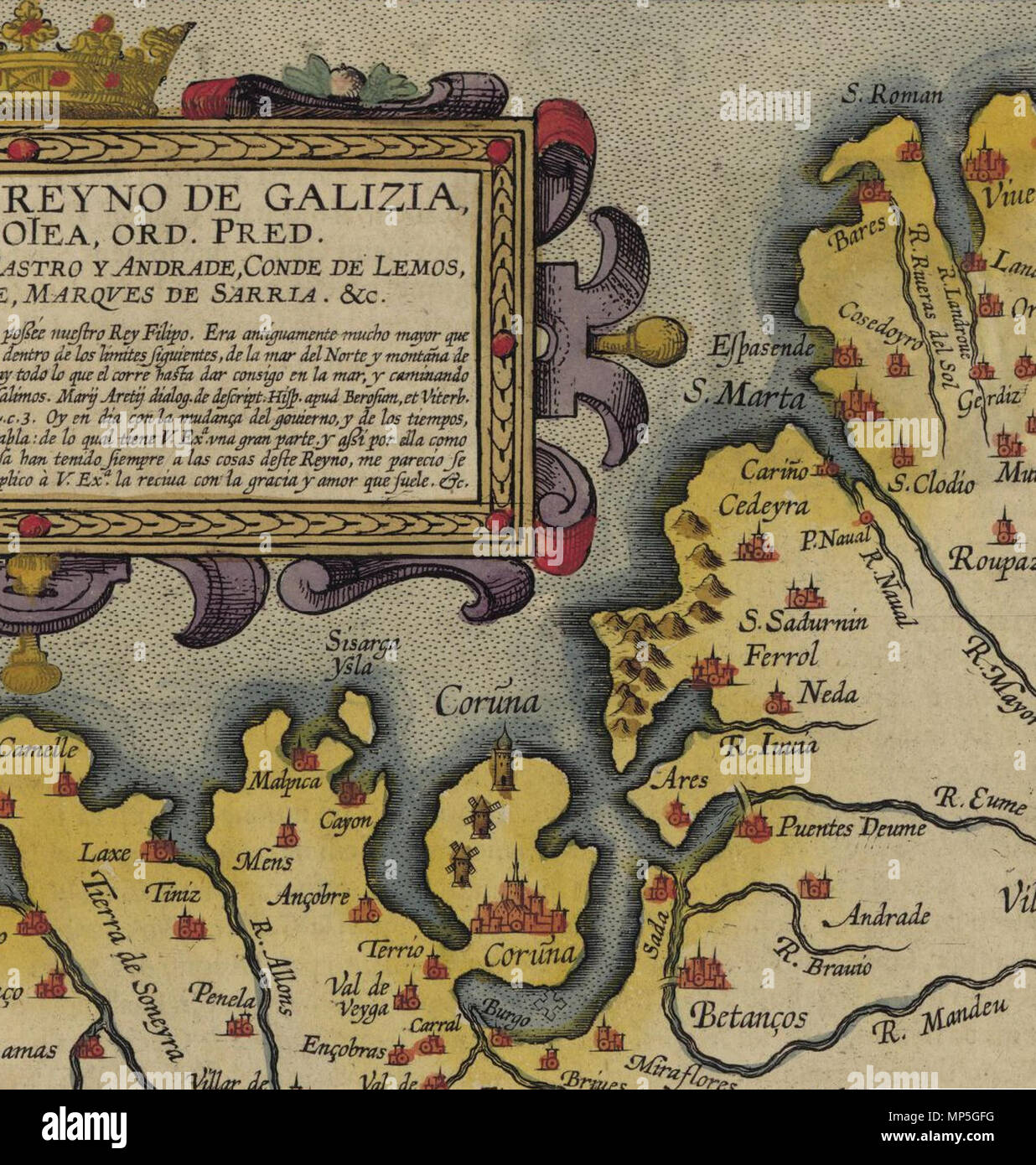 . Inglese: solo una parte di: trascrizione: DESCRIPCION DEL REYNO DE GALIZIA, AVTH.F.FER. OIEA ORD pred. Un DON FERNANDEZ DE CASTRO Y ANDRADE,CONDE DE LEMOS, DE VILLALVA Y ANDRADE, MARQVES DE SARRIA. &C. Galizia es vno de los muchos Reynos de España,que poßée nuestro Rey Filipo. Era antiguamente mucho mayor que ahora, comprendia todas las tierras y prouinçias que ay dentro los limites siguientes,de la Mar del Norte y Montaña de Iunto à Vizcaya, hasta las Fuentes del Gran Rio Duetro,y de ay todo el loque corrèze hasta dar consigo en la mar,y caminando por las orillas della hasta boluer al mismo punt Foto Stock