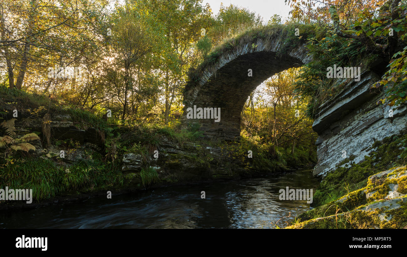 Packhorse ponte sopra il fiume Livet, Glenlivet, Scotland, Regno Unito Foto Stock
