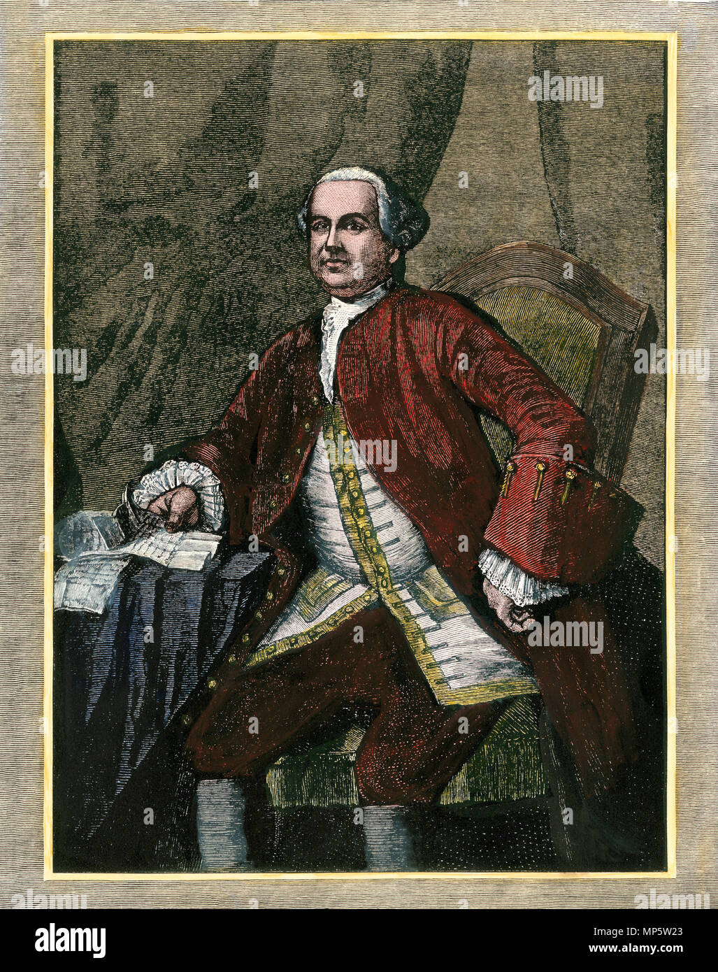 William Phipps, Royal Governor of Massachusetts Bay Colony, 1600s. Colorate a mano la xilografia Foto Stock
