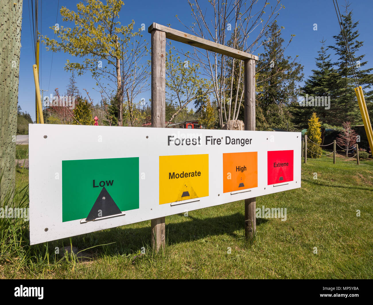 Pericolo di incendio le informazioni di avvertimento, Hornby Isola, BC, Canada. Foto Stock