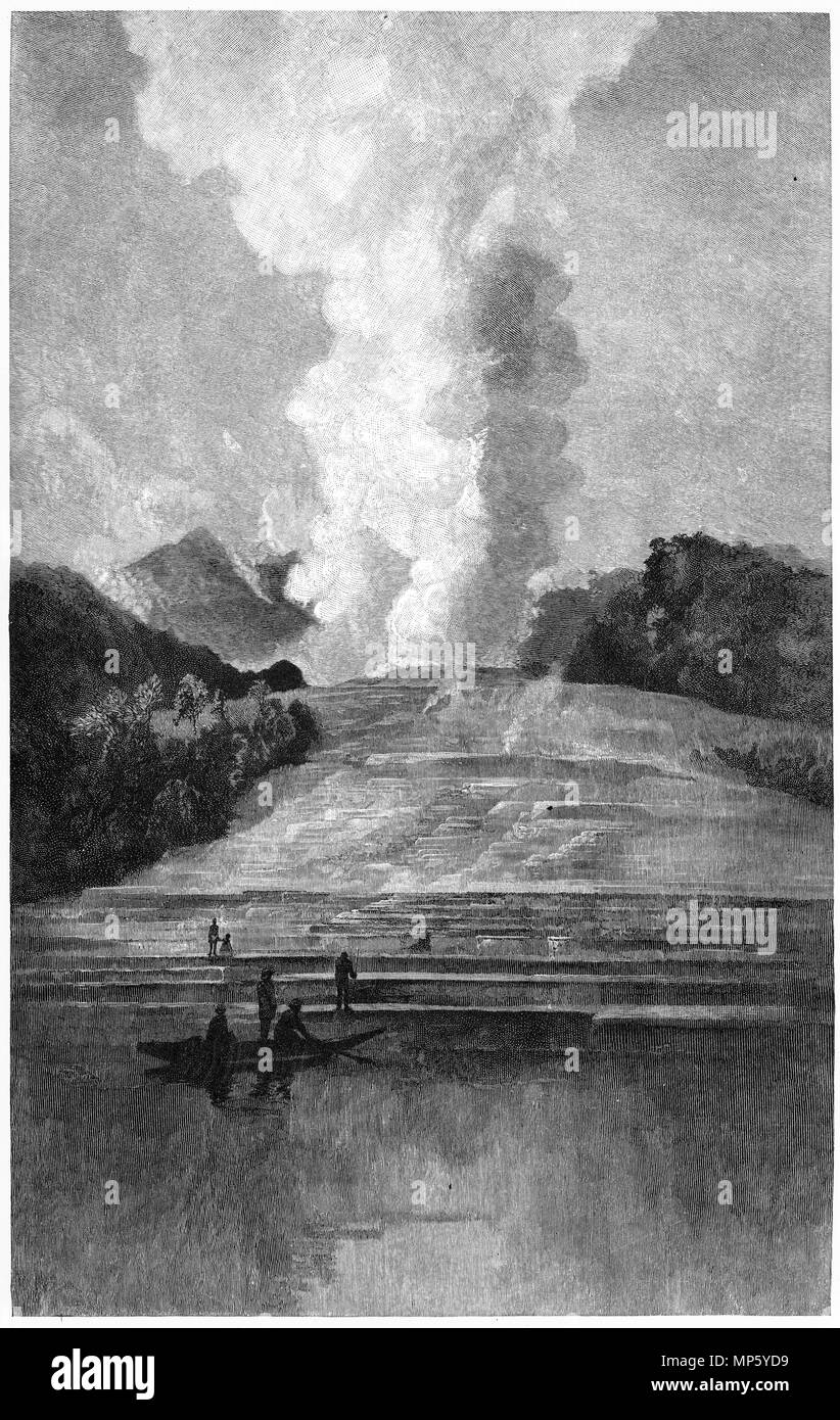 Incisione di la terrazza bianca scoppiando vicino a Rotorua, Nuova Zelanda. Dal pittoresco Atlas dell Australasia Vol 3, 1886 Foto Stock