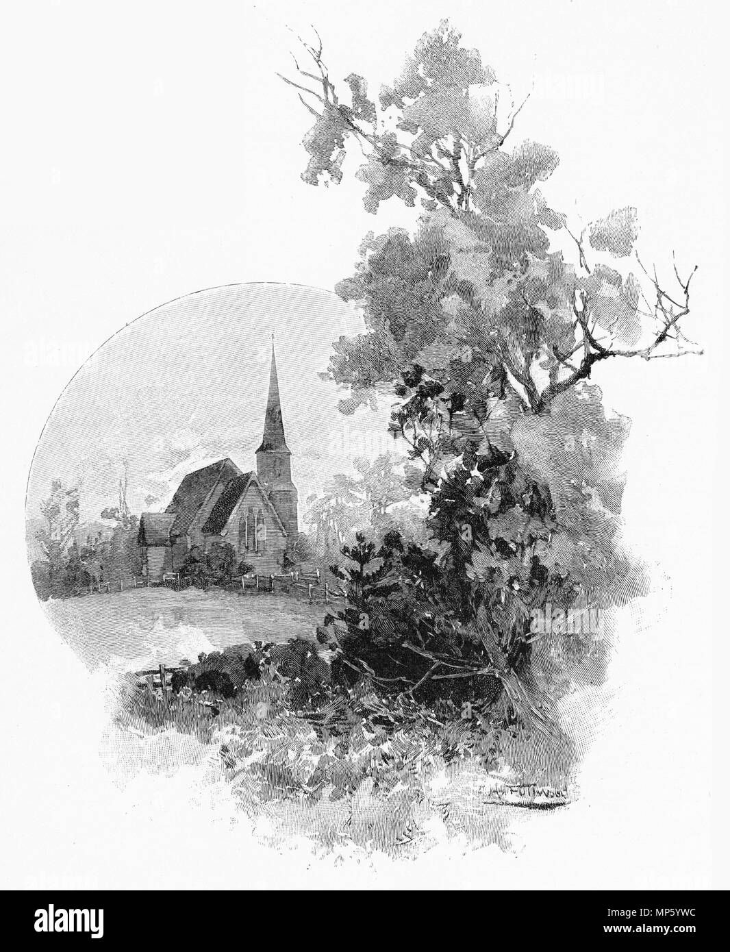 Incisione di una piccola chiesa presso il campo di battaglia di Mauku, Nuova Zelanda. Dal pittoresco Atlas dell Australasia Vol 3, 1886 Foto Stock