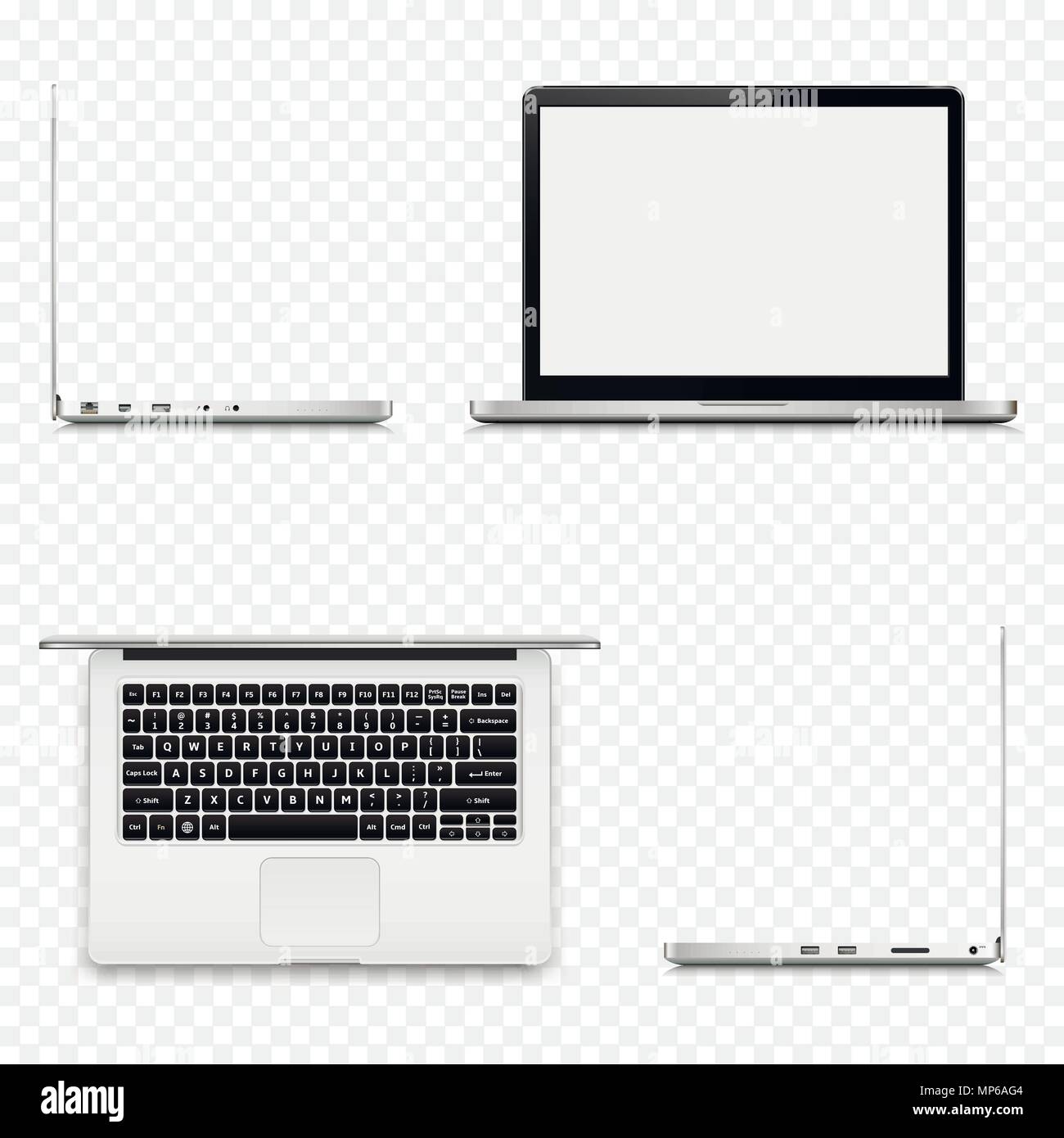Laptop in posizioni differenti isolati su sfondo trasparente Illustrazione Vettoriale