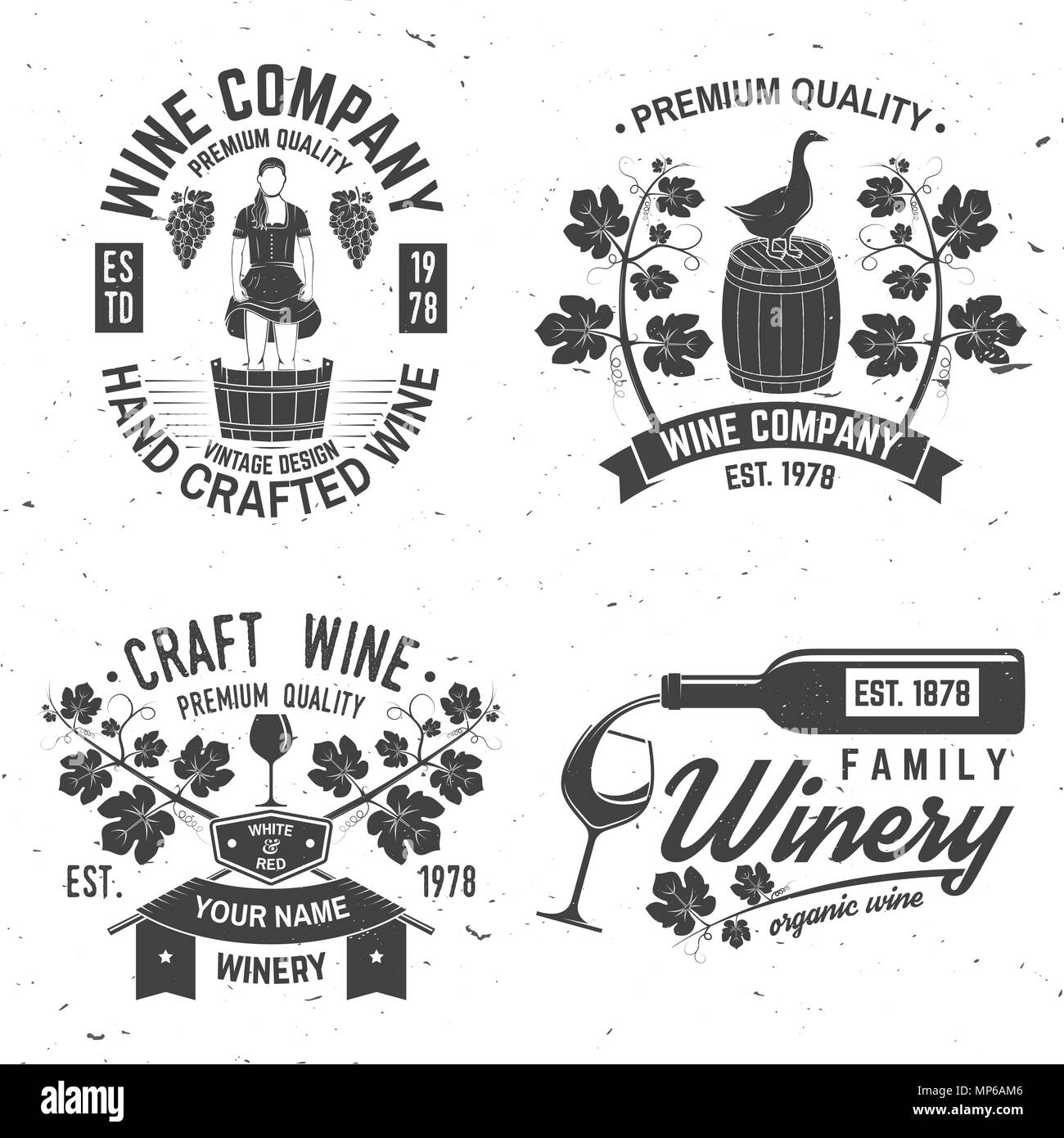 Set di vino badge aziendale, segno o etichetta. Illustrazione Vettoriale. Vintage design per società di cantina, bar, pub, negozio, branding e ristorante business. Coaster per bicchieri da vino Illustrazione Vettoriale