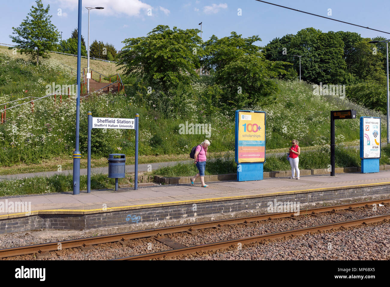 La fermata del tram a Sheffield stazione ferroviaria (chiamato stazione di Sheffield, anche per Sheffield Hallam University) Foto Stock