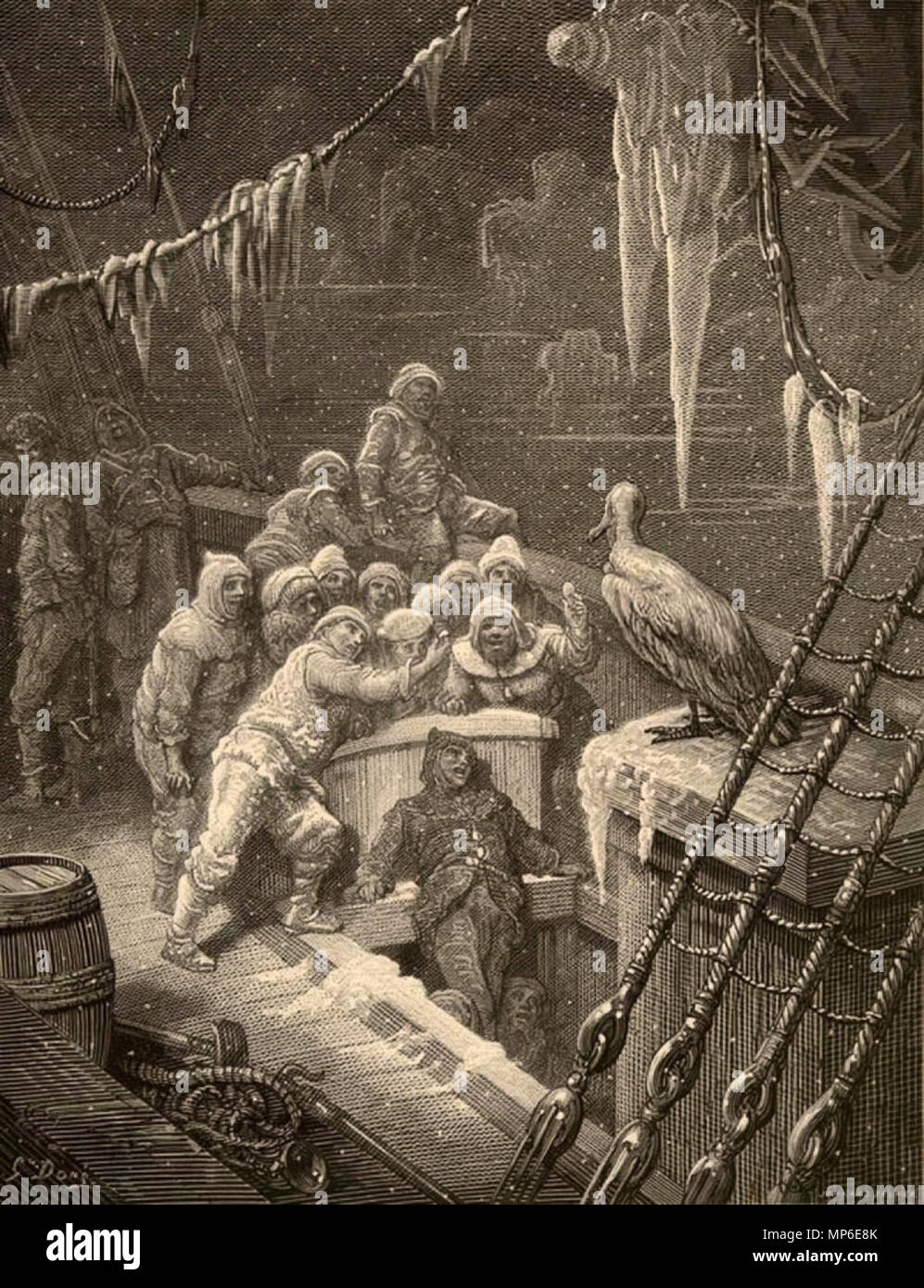 . Incisione di Gustave Doré per un 1876 edizione di la Ballata del Vecchio Marinaio di Samuel Coleridge. Etichettato 'Albatross,' esso raffigura 17 marinai sul ponte di una nave di legno rivolta verso un albatross. Ghiaccioli pendono dalle manovre. 1876. Gustave Doré (1832-1883) nomi alternativi Paul Gustave Doré Paul Gustave Louis Christophe Doré descrizione pittore francese, illustrator, incisore e caricaturista Data di nascita e morte 6 Gennaio 1832 23 gennaio 1883 Luogo di nascita e morte di Parigi Strasburgo sede di lavoro Parigi competente controllo : Q6682 VIAF: 41839207 ISNI: 0000 0001 2278 8373 ULAN: Foto Stock