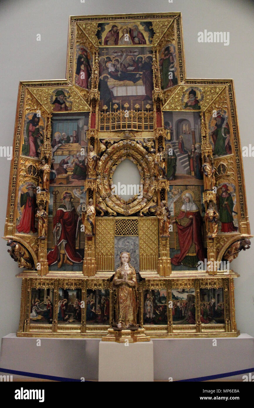 . Español: Esta obra, Conocida como el Retablo mayor eucarístico del Convento de la Puridad, debió ser realizada aproximadamente entre 1500 y 1515, y contiene esculturas de Pablo, Damián y Onofre Forment. Català: Retaule del convento de la Puritat, Museu de Belles Arts de València. Obra de Nicolau Falcó, Pau, Onofre ho Damià Forment. 1500-1515. Oli sobre taula, Talla de Fusta daurada ho policromato. 635,5 x 374 cm. . Tra circa 1500 e circa 1515. 1033 Puridad Valencia Foto Stock