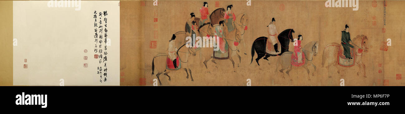 . Inglese: il dipinto raffigura il codolo imperatrice Yang Yuhuan la sorella (noto anche come la regina di Guo Membro) era in viaggio con il suo onore guardie nella campagna nella primavera del 752 D.C. 中文（简体）‎: 虢国夫人游春图描绘的是公元752年（天宝十一年），再现唐玄宗的宠妃杨玉环的二姊虢国夫人及其眷从盛装出游，"道路为（之）耻骇"的典型环境。 虢国夫人游春图，绢本，设色，纵51.8厘米，横148厘米。画中这八骑人马包括一女孩共九人，在行进的行列中，从头至尾，充满了舒情，闲适，勃勃生气。 画面描写了一个在行进中的行列，人马疏密有度，以少胜多。全画共九人骑马，前三骑与后三骑是侍从、侍女和保姆，第一个为虢国夫人。从马的鬃毛来看，经过精心修剪的只有两匹，一个是最前面的身着男装的，一个是带着一个小孩的侍女。 . Xii secolo. Zhang Xuan 1181 la corsa elastica della Guo membro Regina Foto Stock