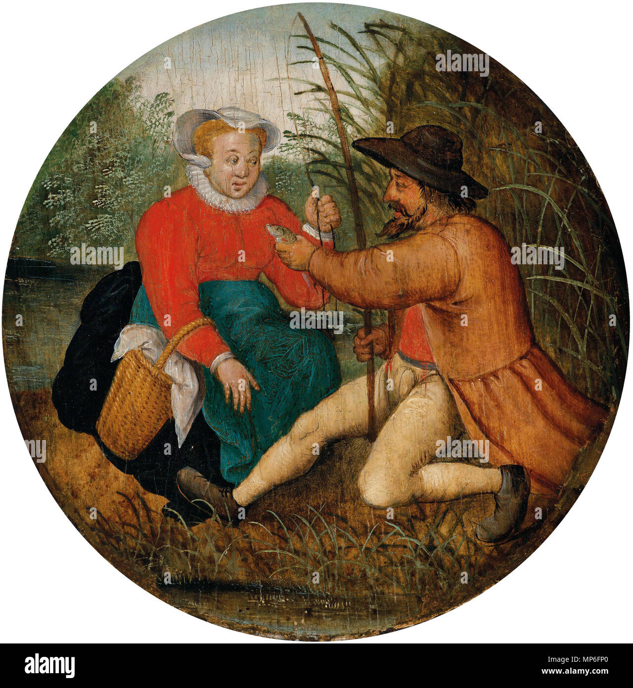 Inglese: un paio di pesca Deutsch: Das Paar beim Angeln . Inglese: Tondo di un giovane su una riva di un fiume, egli con una canna da pesca e pesce, ella con un cesto coperto. . Circa 1616. 991 Pieter Brueghel II giovane la pesca Foto Stock