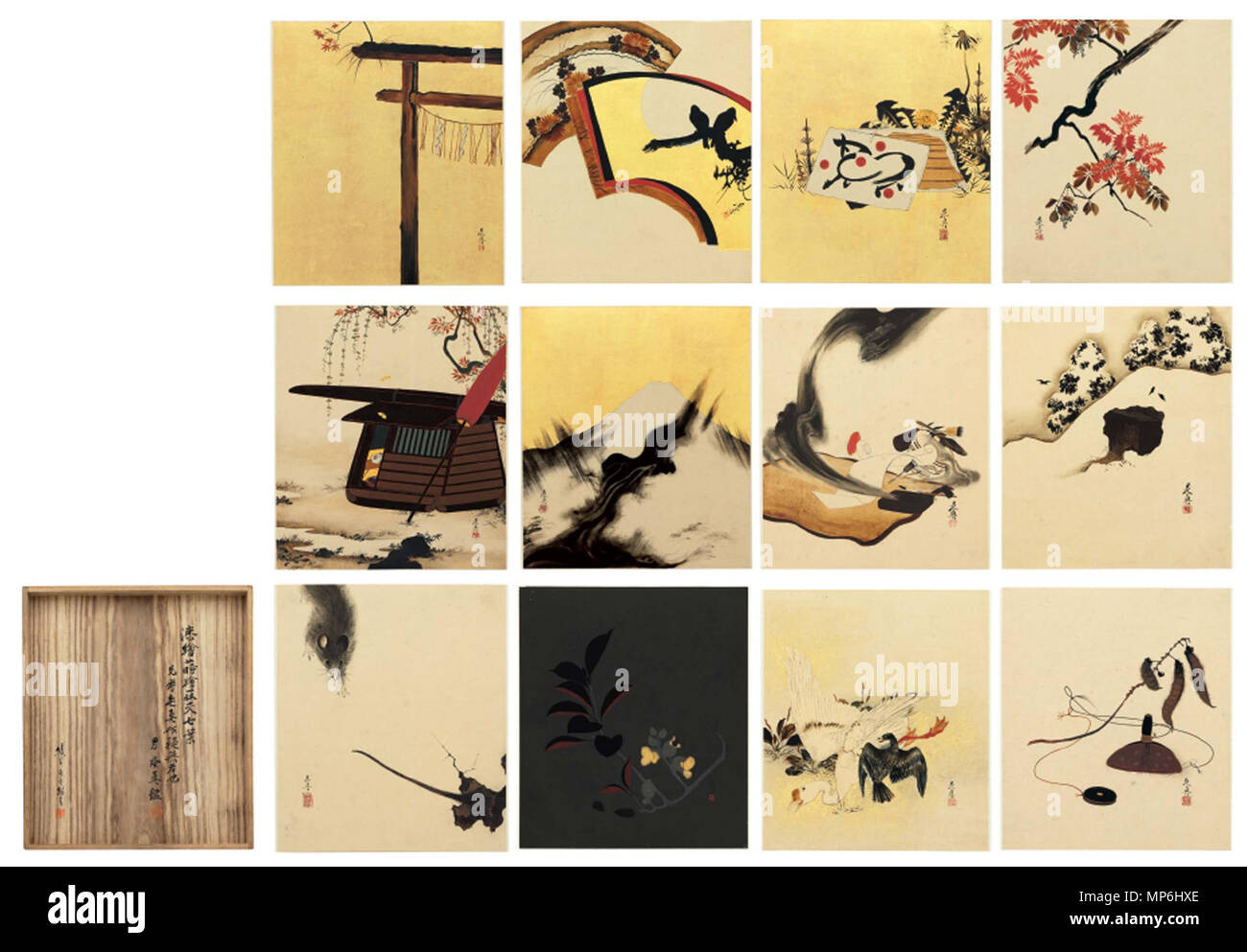 . Inglese: Shibata Zeshin (1807-1891) Album di dodici dipinti di lacca ciascuna firmata Zeshin, sigillato Koma, Zeshin, Shin o Tairyukyo dodici quadri per una fisarmonica album; lacca su carta o lacca e foglia oro su carta 7 5/8 x 6 5/8a. (19,5 x 16,8 cm.) ciascuno circa . Xix secolo. 1115 Shibata Zeshin (1807-1891), un album di 12 dipinti di lacca Foto Stock