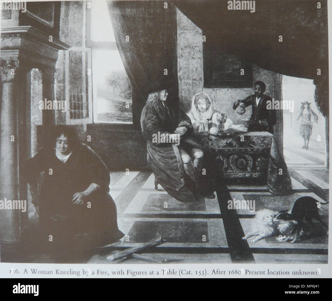Una donna in ginocchio da un incendio con figure a un tavolo ca. 1680-1684. 991 Pieter De Hooch - una donna in ginocchio da un incendio con figure a una tabella Foto Stock