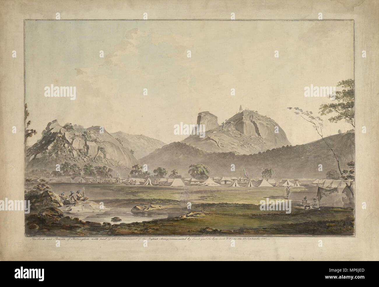 . Inglese: "L'esercito britannico si accamparono sotto la roccia di Sholinghur. 28 settembre 1781, " un acquerello di Samuel Davis* (BL)-- Sholinghur è di scena l'ultimo decisivo British vittoria su Haidar Ali . 1781. Samuel Davis 1170 l'esercito britannico si accamparono sotto la roccia di Sholingarh Foto Stock
