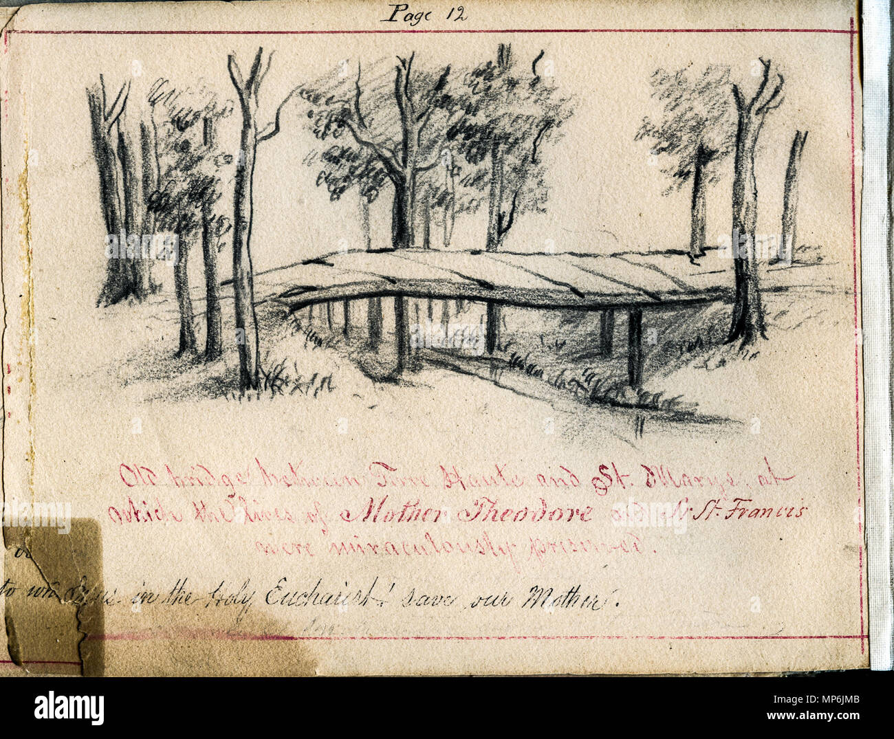 Libro rilegato di schizzi di Saint Mary's motivi, principalmente da suor Maurice Schnell, con alcuni da suor San Francesco Saverio Lefer, Padre Corbe e studenti. . Inglese: questo ponte collegato i motivi delle Suore della Provvidenza di Santa Maria del Bosco, Indiana con la vicina città di Terre Haute, Indiana. "Altri Theodore' si riferisce alla Santa Madre Théodore Guerin, la Congregazione del fondatore che è arrivato in Indiana nel 1840, e 'Sr. San Francesco" si riferisce a Suor San Francesco Saverio (Lefer Irma de la Motte), la sua amica. I due sono stati coinvolti in un incidente su questo ponte ma non erano k Foto Stock
