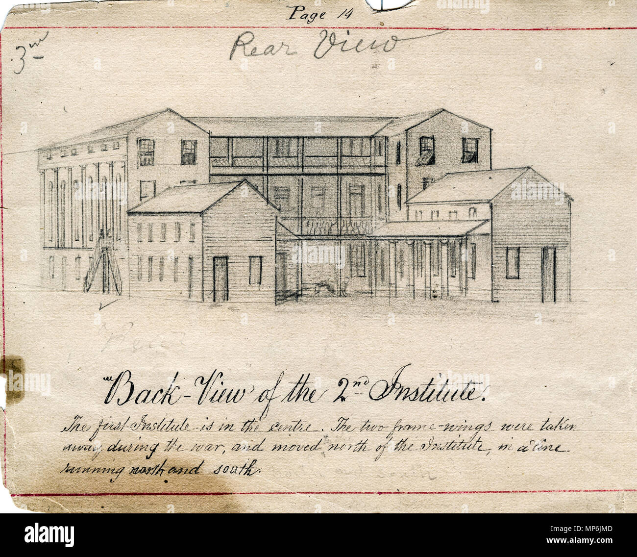 Libro rilegato di schizzi di Saint Mary's motivi, principalmente da suor Maurice Schnell, con alcuni da suor San Francesco Saverio Lefer, Padre Corbe e studenti. . Inglese: vista posteriore dell'Istituto per i motivi delle Suore della Provvidenza di Santa Maria del Bosco, Indiana. Questo disegno è parte di un libro rilegato raccogliendo vari schizzi di Saint Mary's motivi, casa delle Sorelle della Provvidenza di Santa Maria del Bosco, Indiana, e dell'Accademia che più tardi divenne Santa Maria del Bosco College. I disegni sono datati tra il 1842 e il 1889 e sono principalmente da suor Maurice Schnell, con alcuni Foto Stock