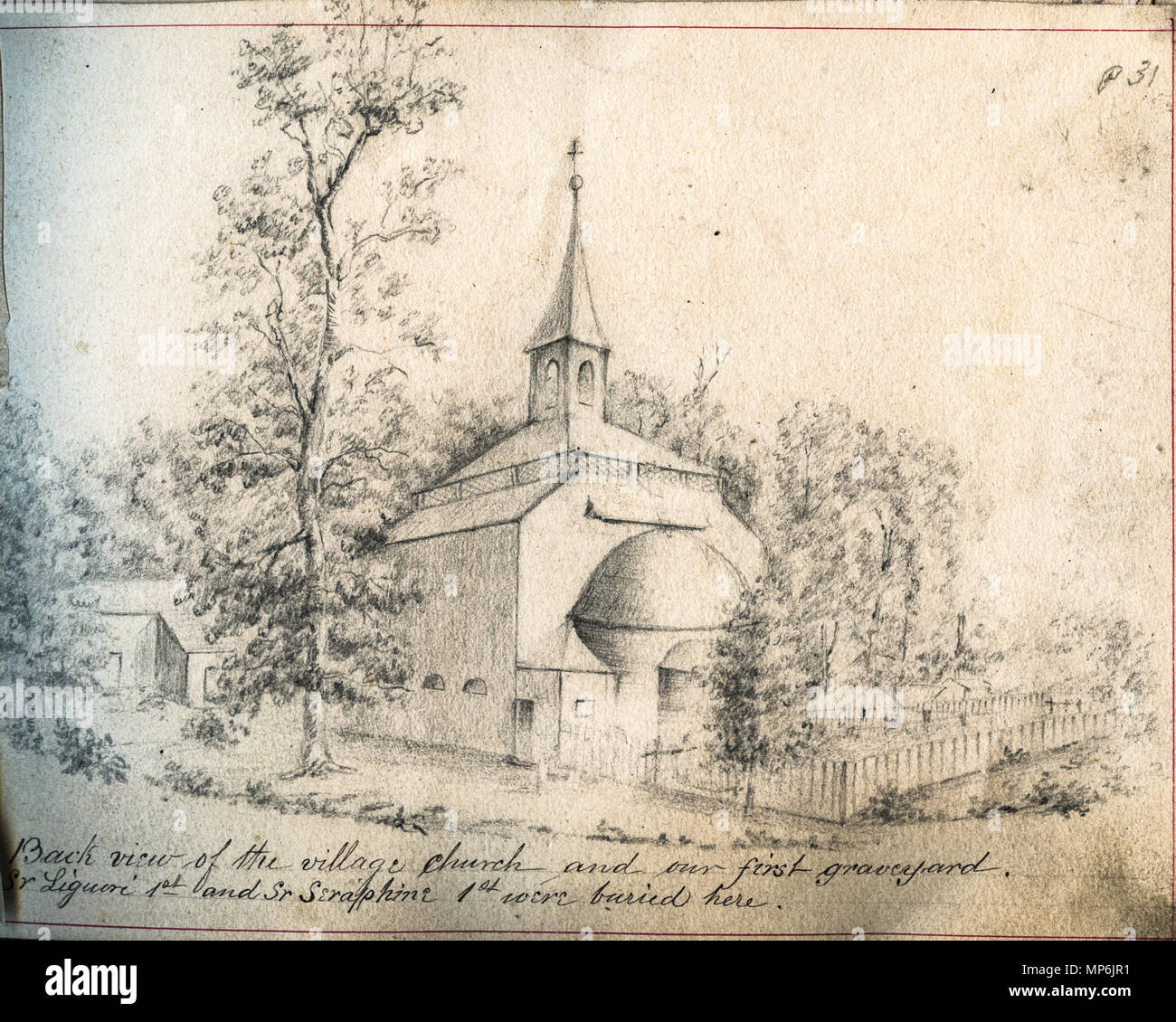 Libro rilegato di schizzi di Saint Mary's motivi, principalmente da suor Maurice Schnell, con alcuni da suor San Francesco Saverio Lefer, Padre Corbe e studenti. . Inglese: Santa Maria del Bosco La chiesa del villaggio. Ciò è servito come cimitero per le sorelle fino al cimitero di corrente è stata tracciata. Questo disegno è parte di un libro rilegato raccogliendo vari schizzi di Saint Mary's motivi, casa delle Sorelle della Provvidenza di Santa Maria del Bosco, Indiana, e dell'Accademia che più tardi divenne Santa Maria del Bosco College. I disegni sono datati tra il 1842 e il 1889 e sono principalmente da suor Maurice Sc Foto Stock