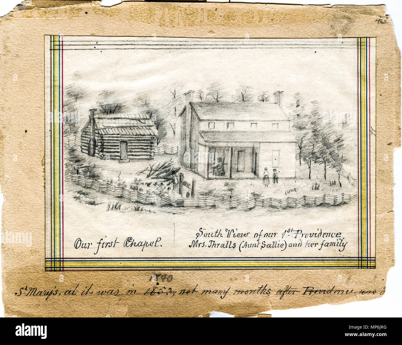 Libro rilegato di schizzi di Saint Mary's motivi, principalmente da suor Maurice Schnell, con alcuni da suor San Francesco Saverio Lefer, Padre Corbe e studenti. . Inglese: i motivi delle Suore della Provvidenza di Santa Maria del Bosco, Indiana. Didascalia iniziale dice 1853, ma una sorella più tardi è cambiato a dire 1840. Data corretta non è chiara. Questo disegno è parte di un libro rilegato raccogliendo vari schizzi di Saint Mary's motivi, casa delle Sorelle della Provvidenza di Santa Maria del Bosco, Indiana, e dell'Accademia che più tardi divenne Santa Maria del Bosco College. I disegni sono datati tra il Foto Stock