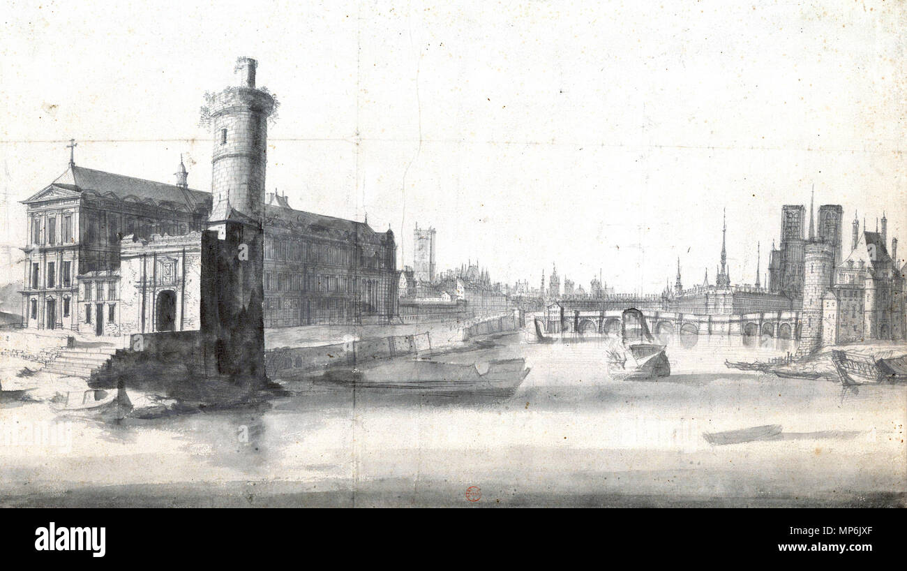 . Inglese: Il Tour du Bois con ai suoi piedi la Porte Neuve, la Grande Galerie del Louvre, la Senna con il Pont Neuf e il posto Dauphine, in Paris français : La Tour du bois avec à son pied la Porte Neuve. Le Louvre et la Seine à Paris. . Il XVII secolo. 1201 Tour du bois, Porte Neuve, Le Louvre et la Seine (regolato) Foto Stock