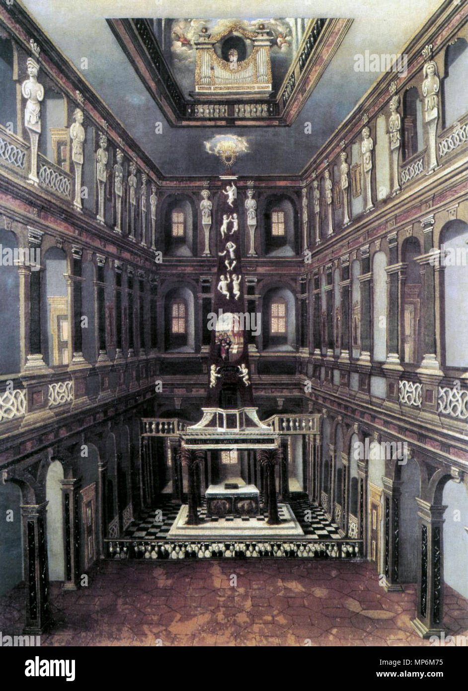 . Inglese: Schlosskirche Weimar, pittura ad olio su tela. Ruolo dell'interno del palazzo della Chiesa, che bruciata nel 1774 (J. S. Bach ha lavorato come corte organista in questa chiesa) Deutsch: Die Weimarer Himmelsburg guerra in der Kuppel der Schlosskapelle dargestellt, dem Andachtsraum von Herzog Wilhelm Ernst. Hier in der Kuppel befanden sich die Musiker, u. un. auch Johann Sebastian Bach. Durch einen Brand 1774 zerstört. Ölbild von Christian Richter (1660). . Del 1660 circa. 1103 Schlosskirche Weimar 1660 Foto Stock