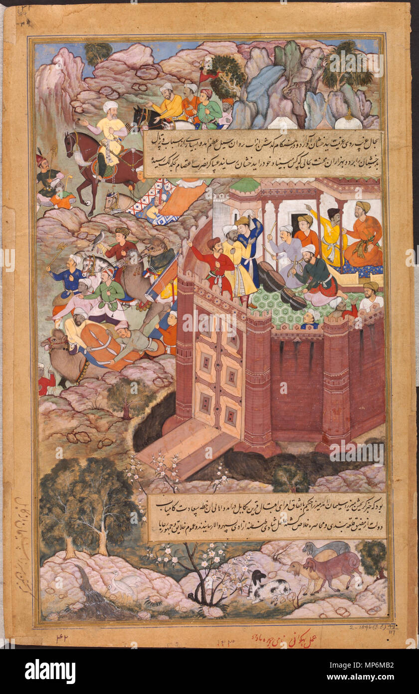 Ci:È.2:49-1896 . Inglese: questa illustrazione per la Akbarnama (Libro di Akbar) raffigura il volo di Mirza Sulayman dall'esercito Mughal a Kabul (oggi in Afghanistan). Quelle recanti il titolo Mirza erano, come il Mughal famiglia reale, disceso da Timur, l'Asia centrale del sovrano che aveva brevemente conquistata Hindustan, come le regioni settentrionali dell Asia del Sud erano conosciuti, nel 1398. Come risultato, Hindustan più successivamente è stato visto come un bersaglio legittimo per la conquista da parte di membri dei diversi rami della famiglia. Durante il regno dell'imperatore Mughal Akbar (r.1556-1605) di scontri tra le forze di Mughal un Foto Stock
