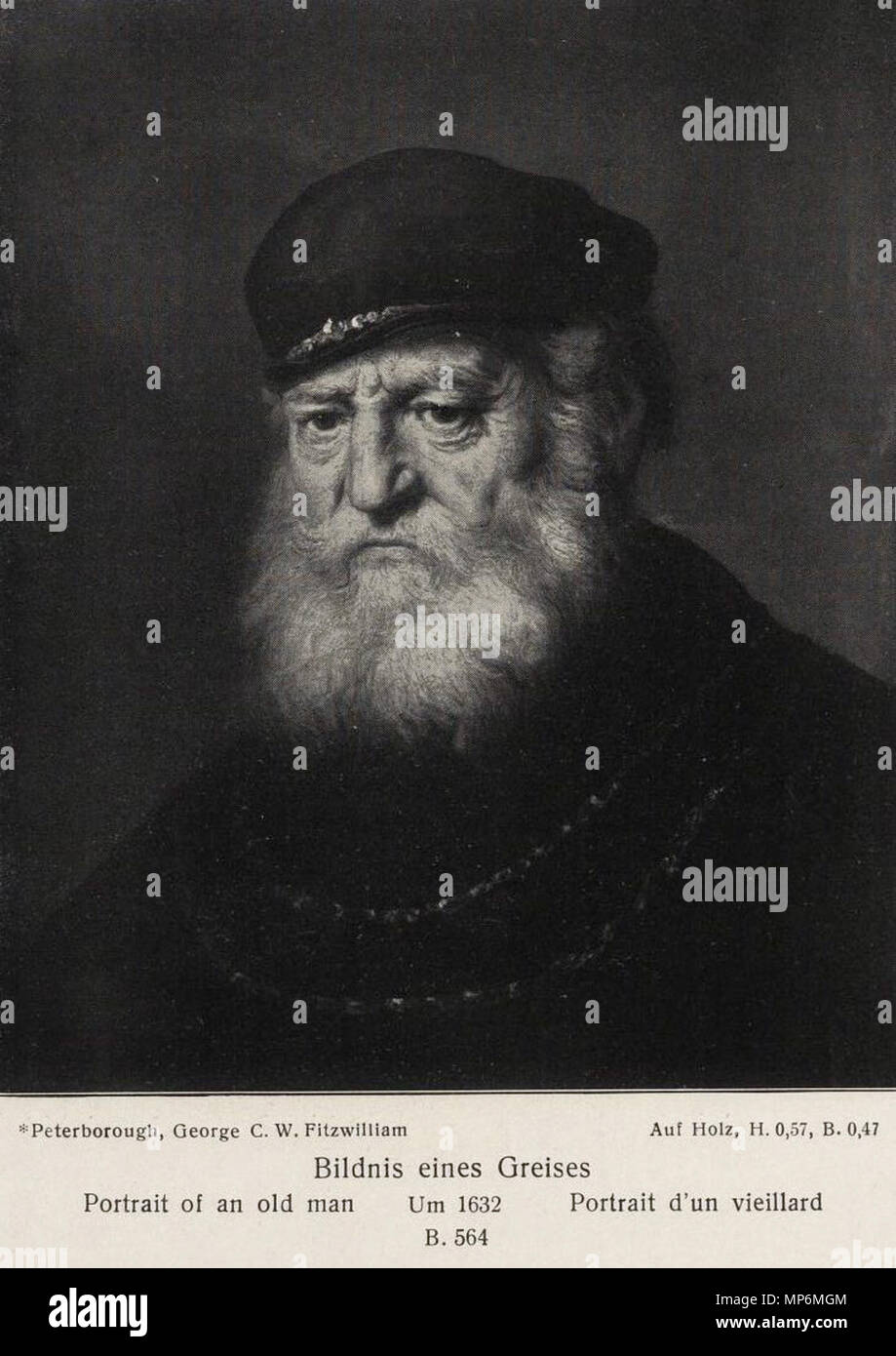 Inglese: testa di un uomo vecchio con la barba e un cappuccio circa 1632. 1048 Rembrandt - Uomo Barbuto in un cappuccio Foto Stock