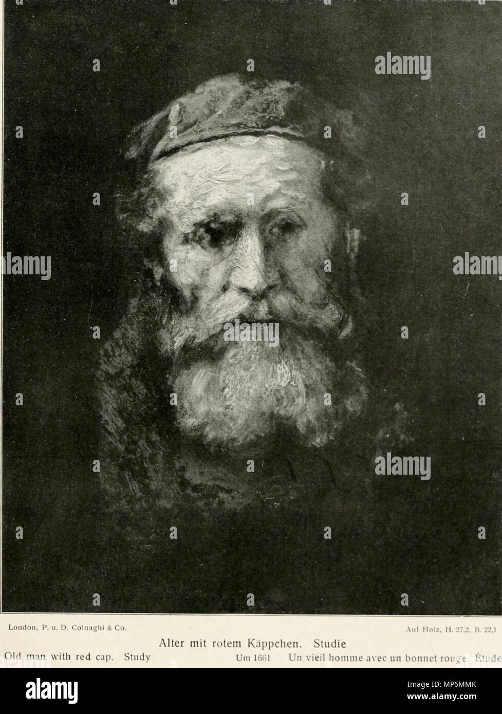 Inglese: studio della testa di un barbuto uomo vecchio nel cappuccio rosso . Questo oggetto è indicizzato in RKDimages, database dell'Istituto olandese per la storia dell'arte. Čeština | English | français | македонски | Nederlands | +/- . circa 1661. 1049 Rembrandt - uomo anziano nel cappuccio rosso Foto Stock