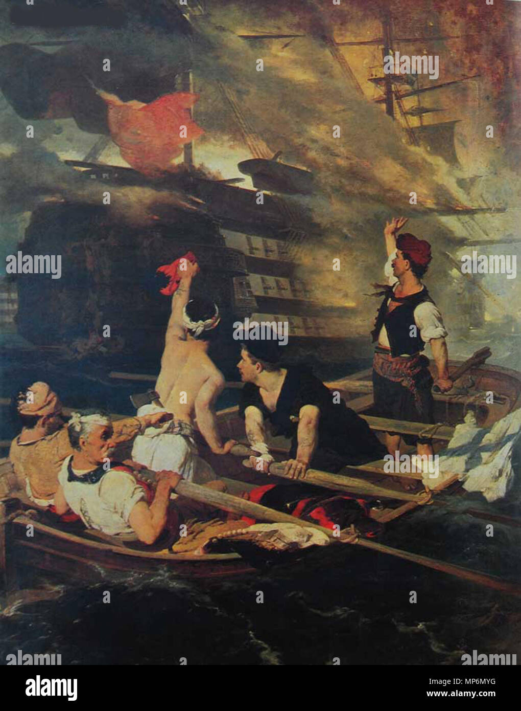 . Inglese: dipinto di Nikiforos Lytras (1836-1904) dell'attacco per il bagno turco ammiraglia da un fireship comandato da Kanaris presso l'isola di Chios Ελληνικά: Νικηφόρος Λύτρας, η πυρπόληση της τουρκικής ναυαρχίδας από τον Κανάρη (π. 1866-1870). Λάδι σε μουσαμά, 143 εκ. x 109 εκ. Πινακοθήκη Αβέρωφ, Μέτσοβο. Türkçe: Kanaris komutasındaki Yunan gemisinin Sakız adasındaki Türk bayraklı gemiye saldırısını gösteren bir Nikiforos Lytras tablosu (1836-1904). 835 Lytras-nikiforos-pyrpolisi-tourkikis-navarhidas-apo-kanari Foto Stock