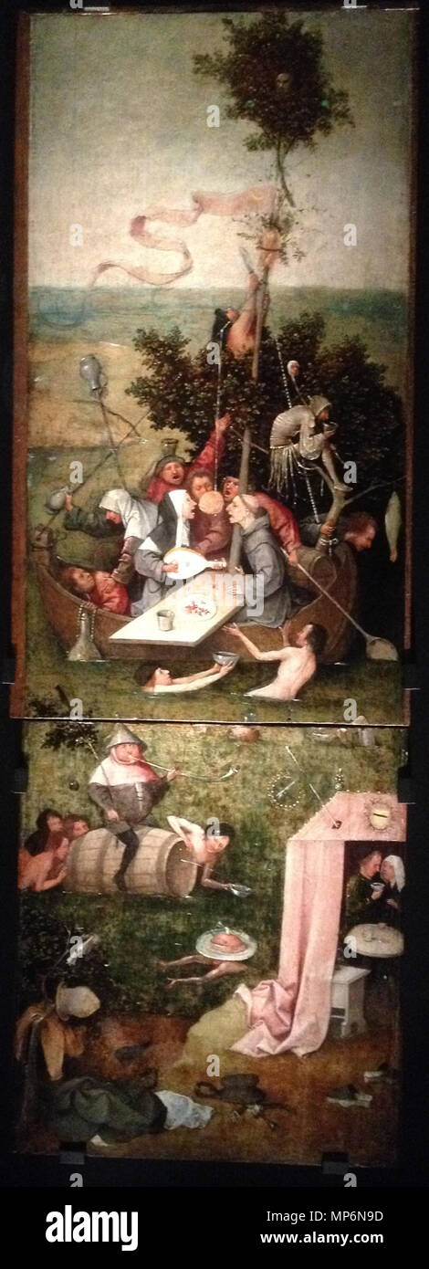 . Inglese: i pannelli di Bosch di 'Ship degli stolti" e "Allegoria della dissoluzione" messo insieme come esposto in 's-Hertogenbosch mostra 'Bosch. Visioni di un Genius' in het Noordbrabants Museum (13.02-08.05.2016). Italiano: I pannelli ricongiunti della 'navata dei folli' e dell' "Allegoria dei piaceri' nell'allestimento proposto nella mostra del cinquecentenario dalla morte di Bosch presso il Museo Noordbrabants in 's-Hertogenbosch (13.02-08.05.2016). Il 25 febbraio 2016. Marcel Fosca , Hieronymus Bosch, questa è una fedele riproduzione fotografica di un bidimensionale, il dominio pubblico opera d'arte. T Foto Stock