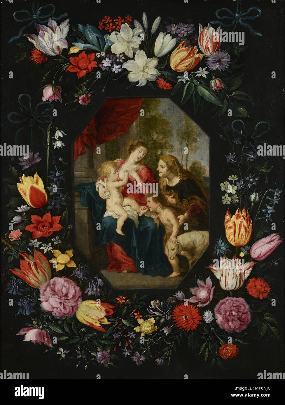Vergine con Bambino e Santa Elisabetta e San Giovanni Baptis in una ghirlanda di fiori 1640s. 695 Jan Breughel (II) - Madonna e Bambino Foto Stock