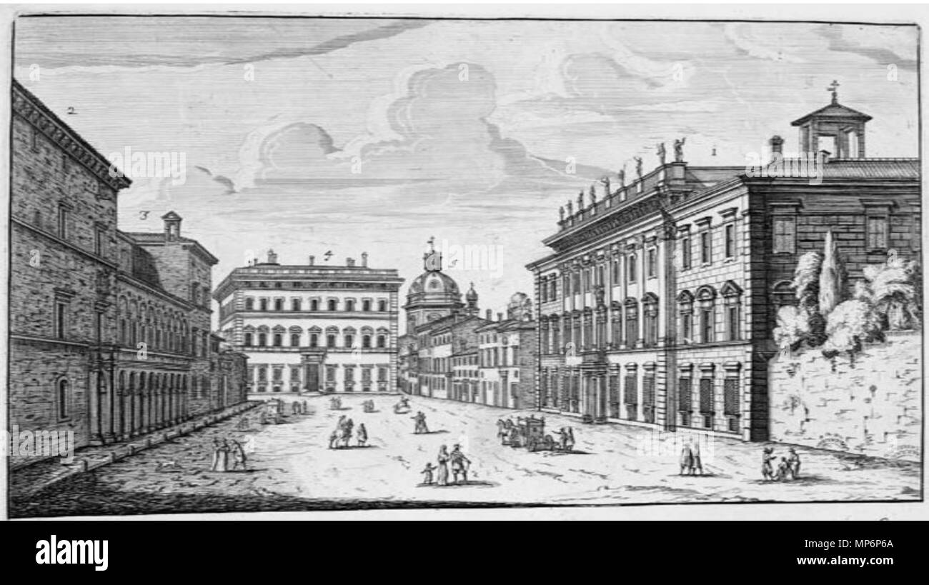 . Inglese: la Piazza dei Santi Apostoli a Roma. Il grande edificio sulla destra è il Palazzo Chigi. La cupola visibile in lontananza sulla destra è la chiesa di Santa Maria di Loreto . 1665. Giovanni Battista Falda (1643-1678) 984 Piazza dei Santi Apostoli, Roma 1665 Foto Stock