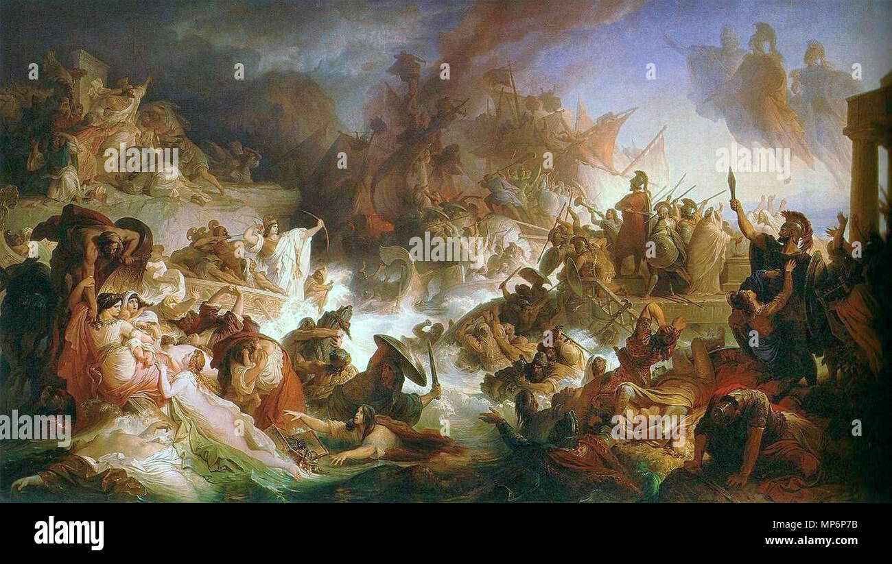 Deutsch: Die Seeschlacht bei salami di inglese: la Battaglia di Salamina Italiano: La Battaglia di Salamina 1868. 761 Kaulbach, Wilhelm von - Die Seeschlacht bei salumi - 1868 Foto Stock