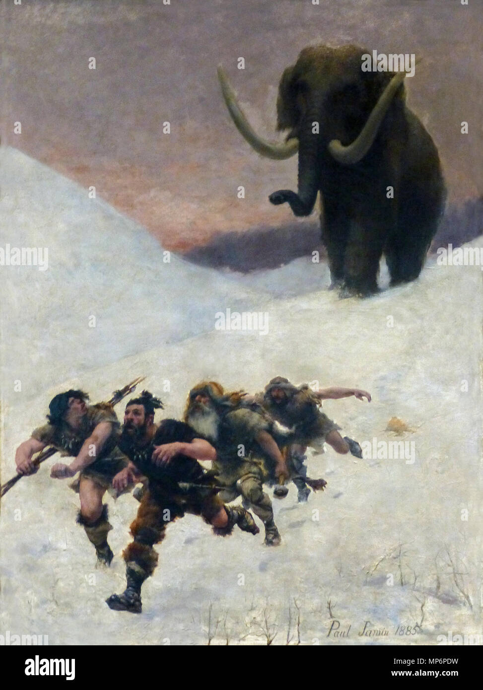 . Français : Paul Joseph Jamin. La fuite devant le mammouth. Huile sur toile, Francia, 1885. Musée de l'Homme. 1885. Fotografato 2016-08-21 10:08:16. Paul Joseph Jamin, fotografata da Ji-Elle 966 Paolo Jamin-La fuite devant le mammouth Foto Stock