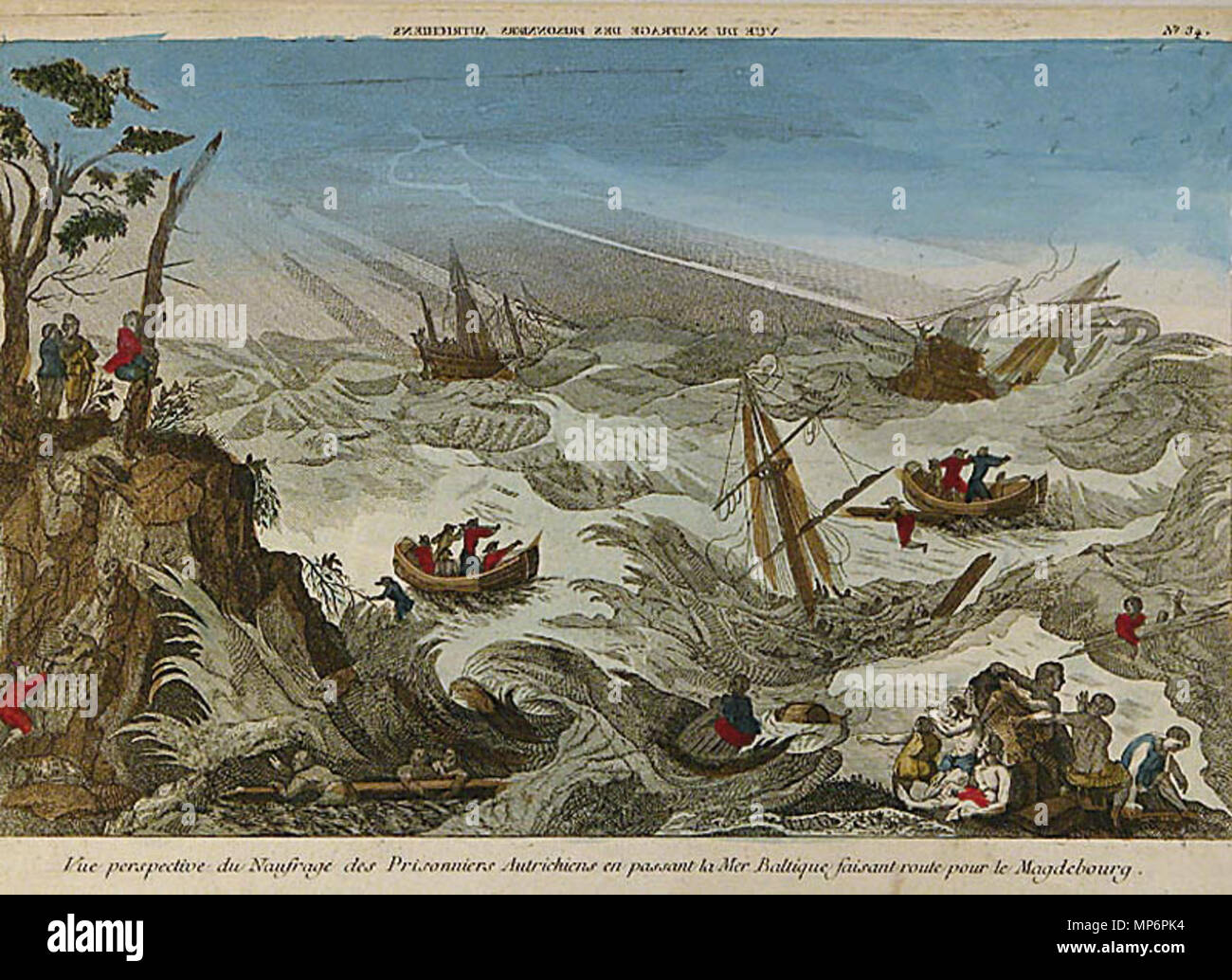 Français : prospettiva vue du Naufrage des Prisonniers Autrichiens en passant la Mer Baltique faisant route pour le Magdebourg Deutsch: Perspektivische Ansicht vom Untergang österreichischer Gefangener an der Ostseeküste auf dem Weg nach Magdeburg circa 1760. 1246 prospettiva vue du naufrage Foto Stock