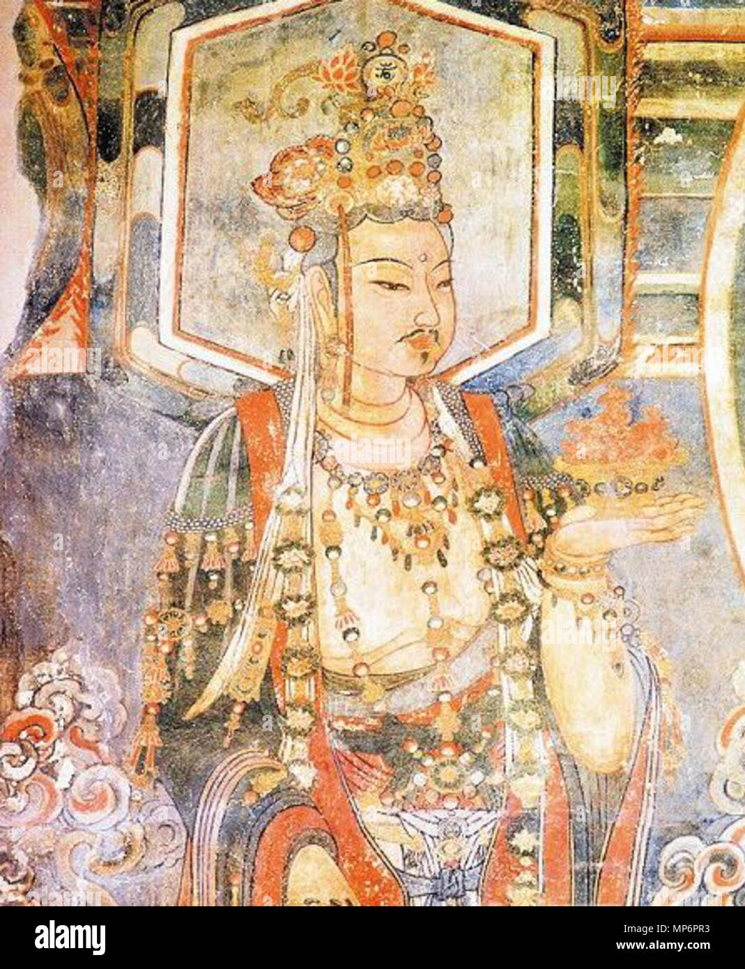 . Inglese: Kin dinastia (1115-1234) affresco nel tempio di adorare Bliss (Ch'ung-fu Tempio), Shuo-chou, Shansi. Español: affresco en el Templo de la Adoración de la Prosperidad (Templo Ch'ung-fu), dinastía Kin (1115-1234), Shuo-chóu, Shansí. 中文（香港）‎: 崇福寺金代壁畫之男性菩薩像：或正視，或側身，或捧經卷，或持蓮花、牡丹，或端聖盤、金杯、寳甁。花冠高束，衣裙裹體，服飾華美，精緻若綿。珠翠玉石鑲嵌其間，披帛垂於周身，身式微顯曲綫。 . 6 ottobre 2016, 22:37:00. Artista sconosciuto del Kin dinastia (1115-1234) 765 Kin dinastia (1115-1234) affresco in ch'ung-fu tempio, Shuo-chou 1 Foto Stock