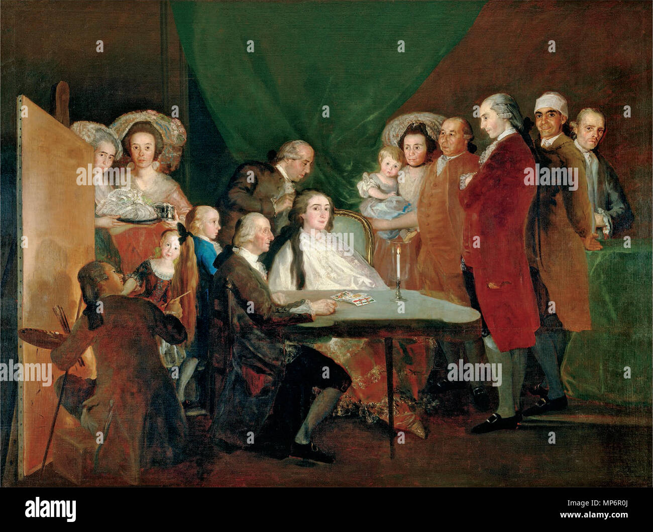 Spagnolo: La familia del infante don Luis de Borbón la famiglia dell'Infante Don Luis. Deutsch: Familie des Luis de Borbón y Farnesio (1727-1785), jüngster Bruder Des Königs Karl III., der seit 1776 mit der 34 Jahre jüngeren María Teresa de Vallabriga (Mitte) in einer Morganatischen Ehe verheiratet guerra. Das Ehepaar hatte drei nicht thronerberechtigte Töchter, die sich nicht der Hauptstadt Madrid nähern durften. Im Vordergrund links malte sich Francisco de Goya mit circuizione Rückenansicht in das ritratto. . 1784. 783 La familia del infante don Luis Foto Stock