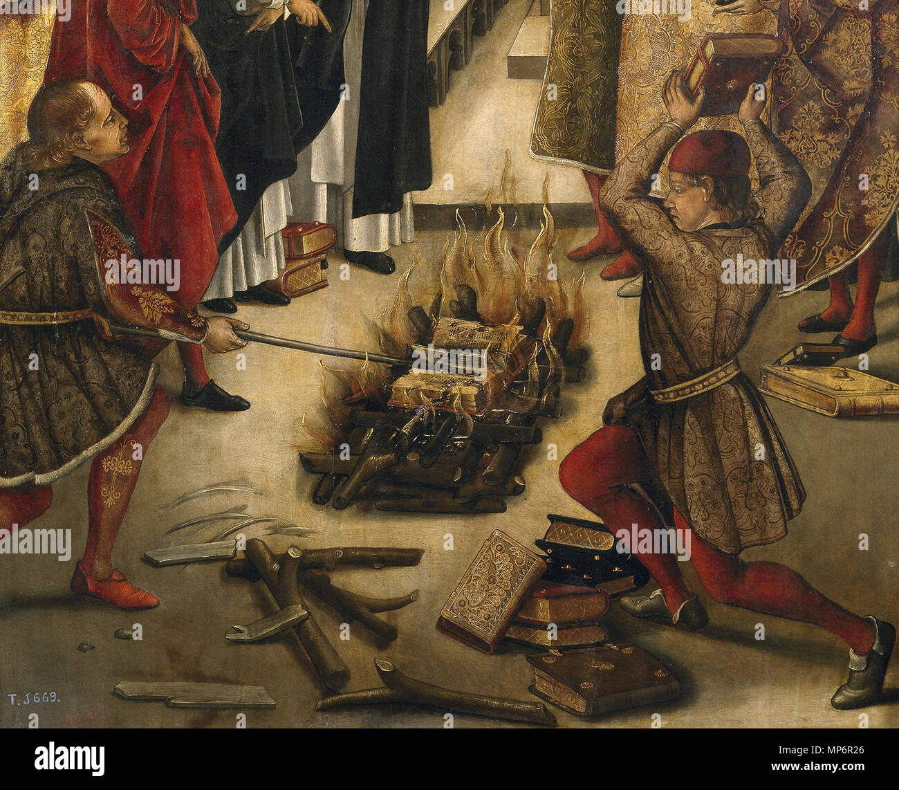 Santo Domingo y los albigenses . Español: Santo Domingo de Guzman y los albigenses (detalle) Inglese: questo ritrae la storia di una controversia tra san Domenico e i Catari in cui i libri di entrambi sono stati gettati nel fuoco e di San Domenico di libri furono miracolosamente preservati dalle fiamme. Questo è stato creduto per simboleggiare l'erroneità dei Catari insegnamenti. . Da 1493 fino al 1499. 1095 Santo Domingo y los albigenses-detalle Foto Stock