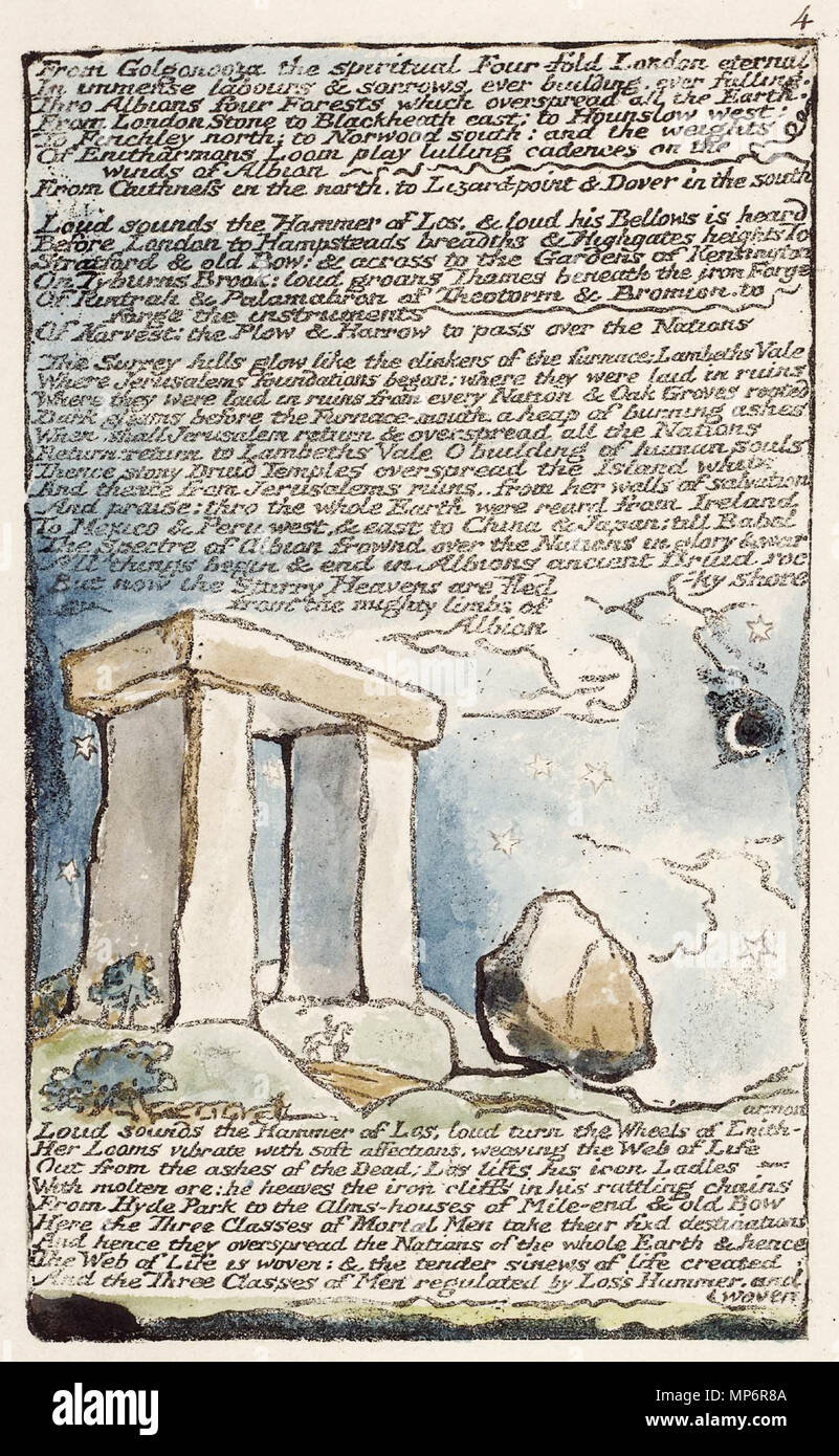 . Inglese: Milton un poema, copia B, oggetto 4 (Bentley 4, Erdman 6, Keynes 4) Settore e illustrazione della piastra: un diminutivo cavallo e cavaliere emergono su una strada a destra di un immenso trilithon in questo druido paesaggio. A destra è un gigante di pietra, forse un druido 'pietra basculante." Stelle, nubi e una falce di luna appaiono nel cielo notturno sopra e a destra di questa pietra, con una stella sotto l'architrave del trilithon e due alla sua sinistra. Due piccoli alberi crescono ai piedi dell'trilithon il montante sinistro. Al di sotto di questi è un intrico di alberi; le forme piccole a destra di questi alberi possono essere ovini lyi Foto Stock