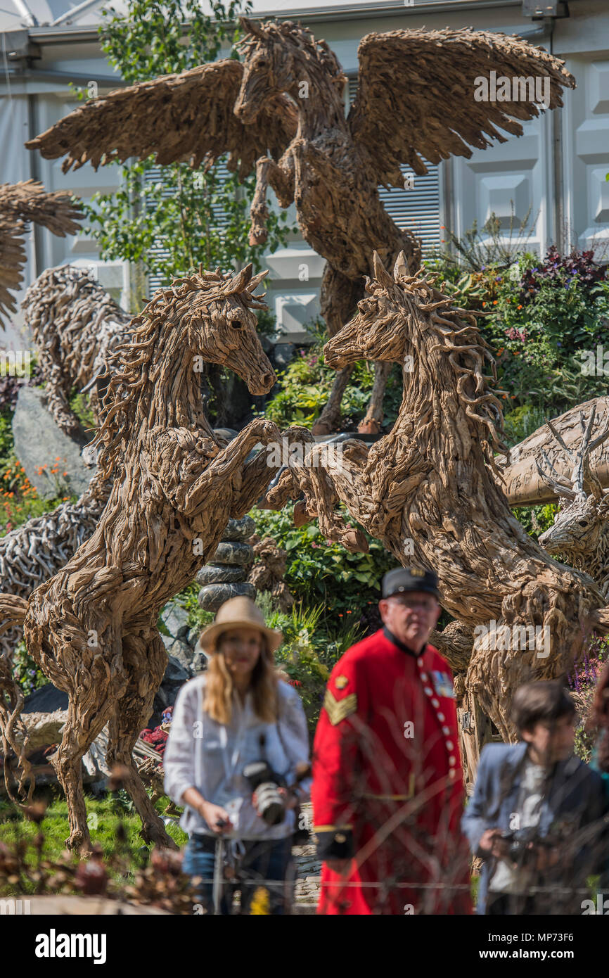 Londra, Regno Unito. 21 maggio 2018. Un pensionato di Chelsea ammira driftwood sculture da James Doran-Webb - Premere Giorno della RHS Chelsea Flower Show presso il Royal Hospital Chelsea. Credito: Guy Bell/Alamy Live News Foto Stock