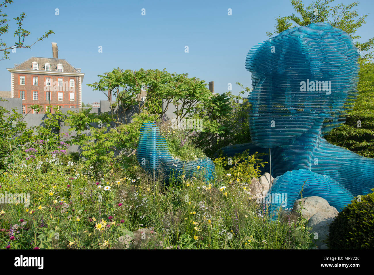 Royal Hospital Chelsea, Londra, Regno Unito. 21 Maggio, 2018. Premere il tasto giorno per la RHS Chelsea Flower Show 2018. Foto: Il mieloma UK giardino disegnato da Giovanni Everiss sotto il cielo limpido a Chelsea. Credito: Malcolm Park/Alamy Live News. Foto Stock