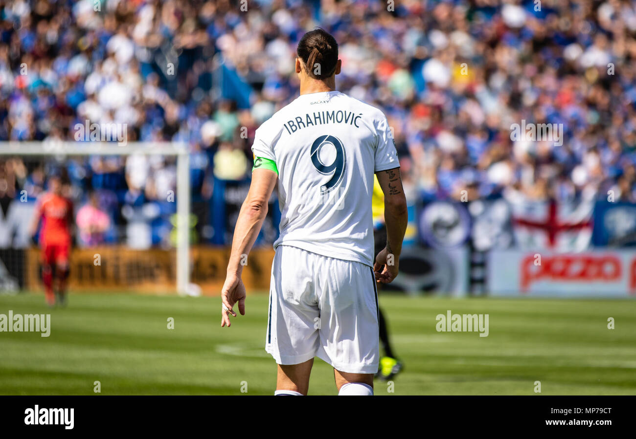 Montreal, Canada. 21 Maggio, 2018. Los Angeles Galaxy avanti Zlatan Ibrahimovic (9) durante il 2018 Major League Soccer stagione regolare corrispondenza tra l impatto di Montreal e Los Angeles Galaxy, a Stade Saputo. Credito: Pablo A. Ortiz / Alamy News live Foto Stock