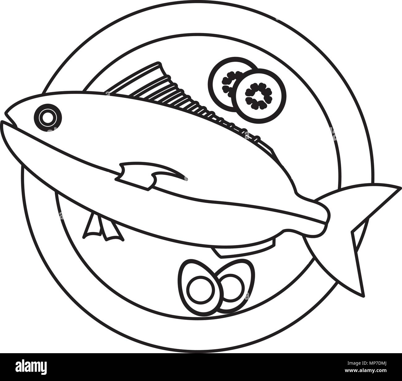 La linea di alimenti per pesci con le uova e le verdure nella piastra Illustrazione Vettoriale