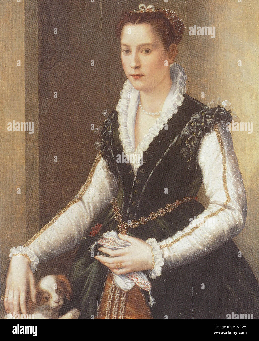 . Inglese: Isabella de' Medici Orsini con un cane. Olio su pannello, 88 × 71 cm. Collezione privata, Inghilterra. Isabella de' Medici (1542-1576) era una figlia di Cosimo I de' Medici, Granduca di Toscana, e di Eleonora di Toledo. Si sposò con Paolo Giordano Orsini, che ha assassinato il suo per adulterio nella Villa di Cerreto Guidi. Inizio 1560 s.. Alessandro Allori (1535-1607) nomi alternativi Alessandro di Christofano di Lorenzo Allori; Il Bronzino (II); Alessandro del Bronzino; Alessandro Bronzino Allori Descrizione pittore italiano, affresco pittore, disegnatore e scrittore Data di nascita e morte 3 Maggio 1535 Foto Stock