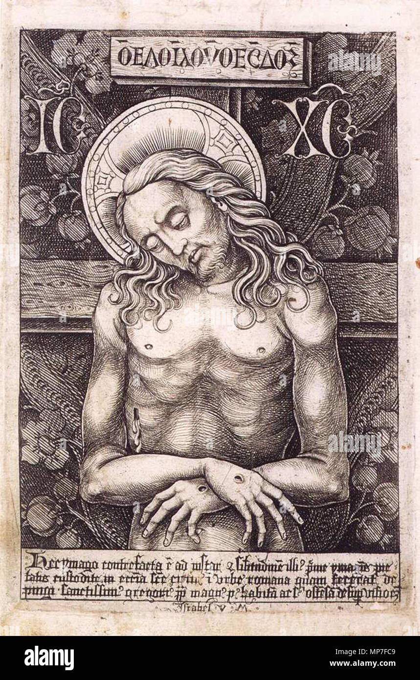 Deutsch: Christus als Schmerzensmann inglese: Cristo come l uomo dei dolori . Kleines Andachtsbildchen mit lateinischer Inschrift unterhalb des Blattes (sog. "Gregorianischer Schmerzensmann'). circa 1490. 677 Israhel van Meckenem il giovane - Uomo nel dolore - WGA14734 Foto Stock