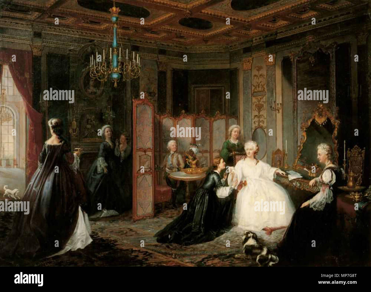 . Русский: 'Вручение письма Екатерине II', на сюжет повести 'Капитанская дочка', 1861, ГТГ Polski: 'Wręczenie listu Katarzynie II' wg powieści 'Córka Kapitana' . 1861. Иван Миодушевский Осипович (Mioduszewski или Mioduszewski Jan Ostoja) 681 J. Mioduszewski. Catherine II riceve la lettera Foto Stock