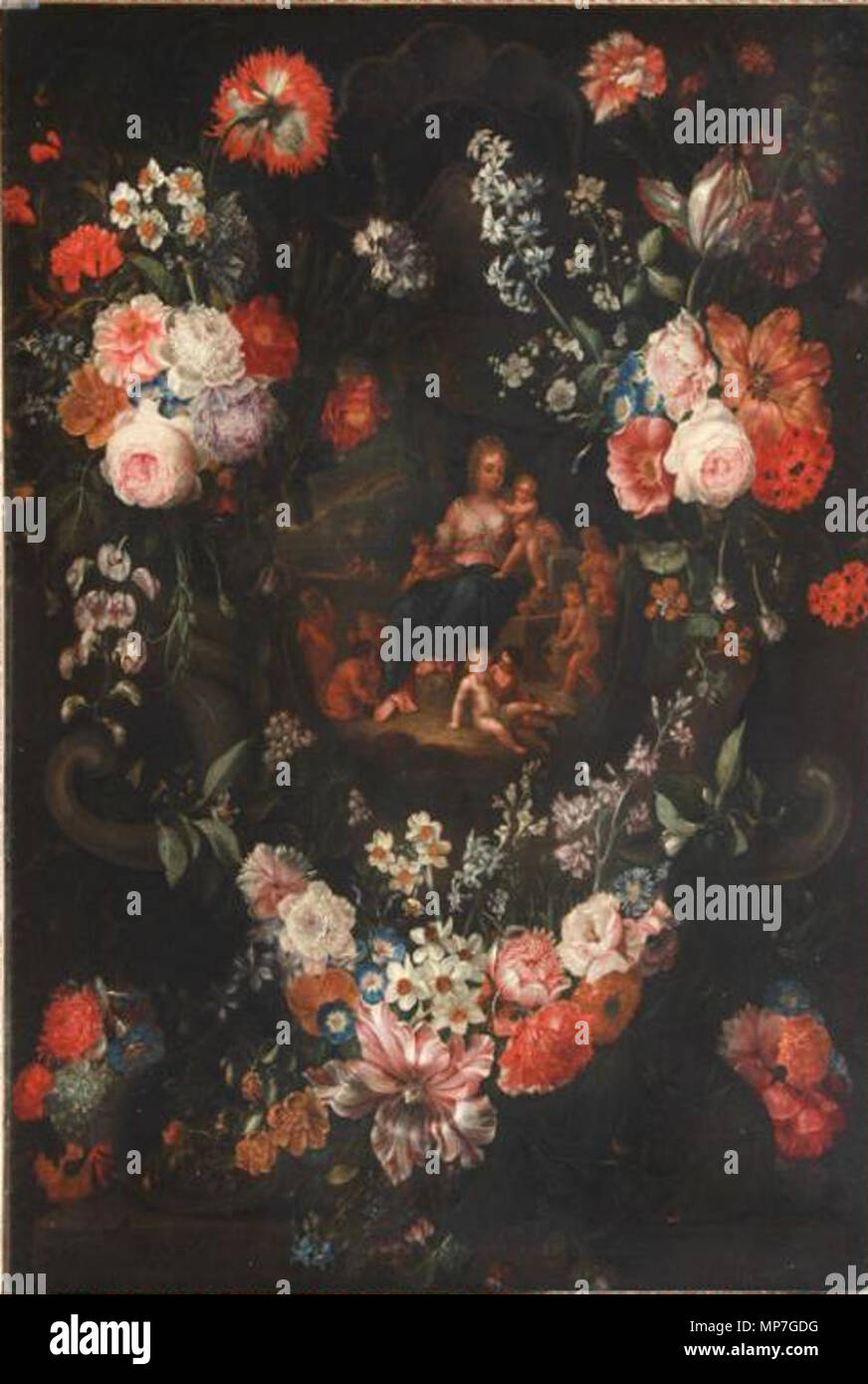 Cartiglio ancora in vita di fiori intorno a un'immagine della Caritas tra 1675 e 1725. 681 Giacobbe Caproens - cartiglio ancora in vita di fiori intorno a un'immagine della Caritas Foto Stock