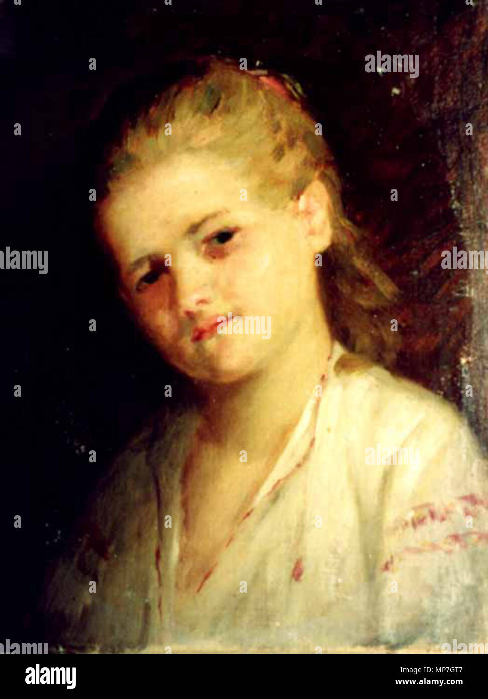 . Sava Henţia (1848 - 1904) - Cap de fetiţă. Portret de fetiţă, busto, văzut frontale, capul uşor înclinat spre stânga cadrului, părul - până la umeri - este strâns parţial la ondata. Îmbrăcată într-o ie albă, brodată cu arnici roşu şi deschisă la gât. Fondul este brun, uniforme. Realizarea plastică spontană, în tuşe rapide sigure şi. Cromatica dominantă este de brunuri, ocruri, alb şi accente de roşu. Semnat stânga spre mijloc, în câmp, cu ocru 'S. Henţia'. Muzeul Municipiului Bucureşti - BUCUREŞTI . Data sconosciuta. 1097 Sava Hentia - Cap de fetita Foto Stock