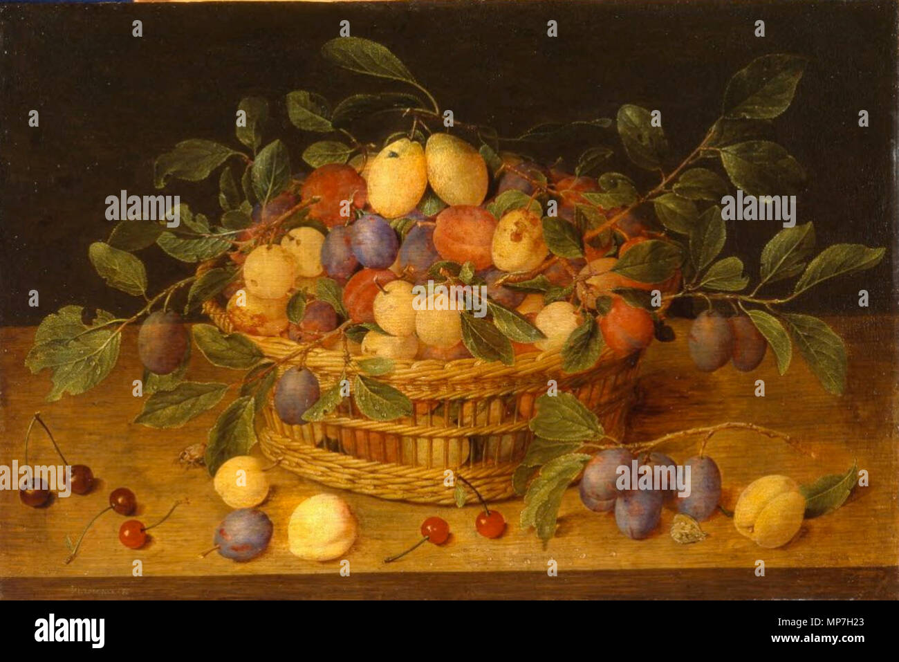 Inglese: cesto di prugne e ciliegie 1600-1649. 684 Jacob van Hulsdonck - Cesto di prugne e ciliegie Foto Stock