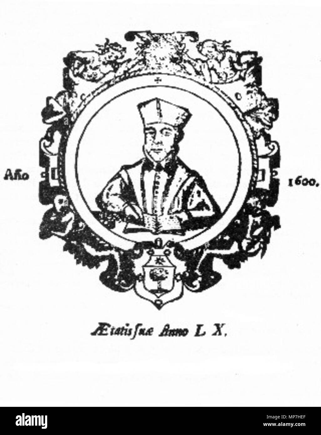 . Grabado con la imagen de Cairasco, realizado por autor anónimo, que aparece en las ediciones del Templo militante de 1602 a 1614. 1600. Anonimo 1055 Retrato de Cairasco de Figueroa Foto Stock